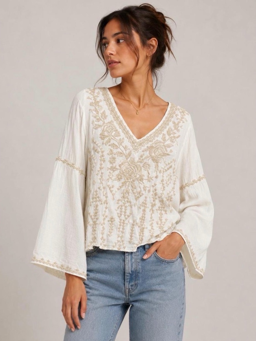 Johnny Was White Beige Embroidered Bell Sleeve Boho Tunic Top Medium
